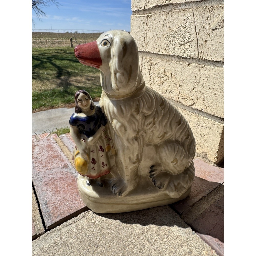 Large Antique Stafordshire Porcelain Dog With Girl Figurine, 7 1/2" T